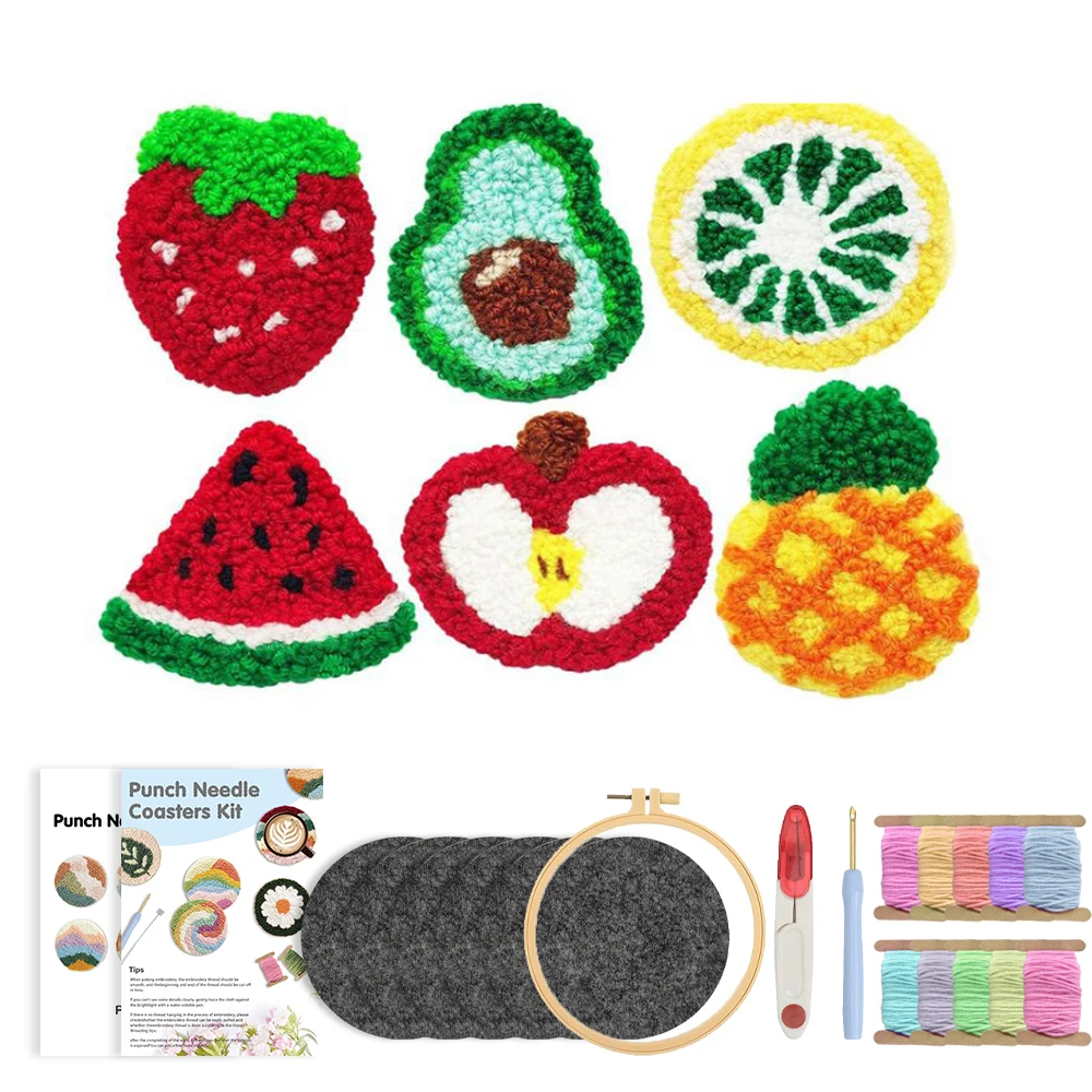 

DIY Punch Needle Coaster Kits for Beginners Fruit Pattern with Hoop Embroidery Punch Needle Starter Craft Set Easy Home Decor