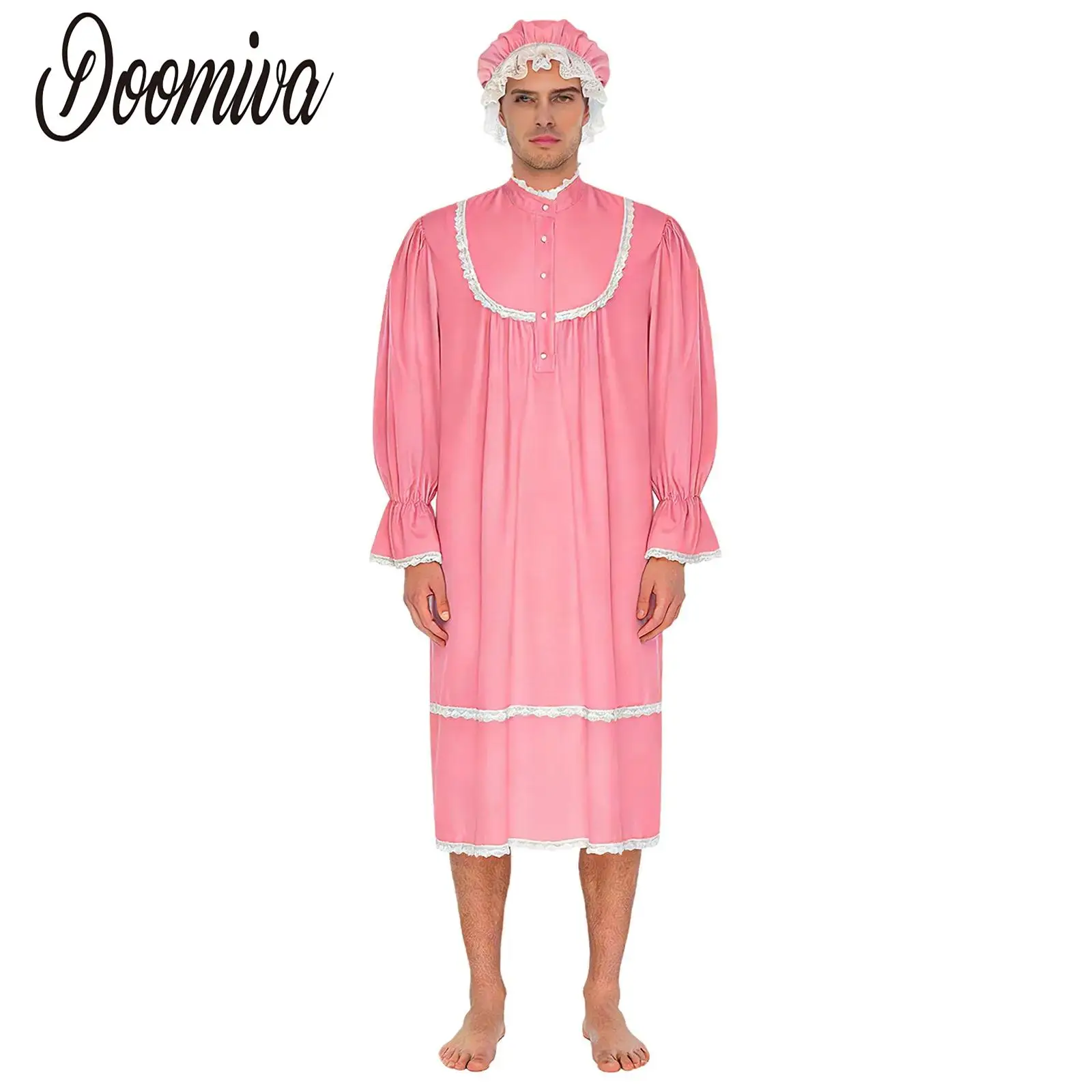 

Men Pajamas Party Vintage Victorian Style Nightgown with Hat Sleeping Robe Set Long Sleeve Ruffled Cuffs Lace Trim Nightdress