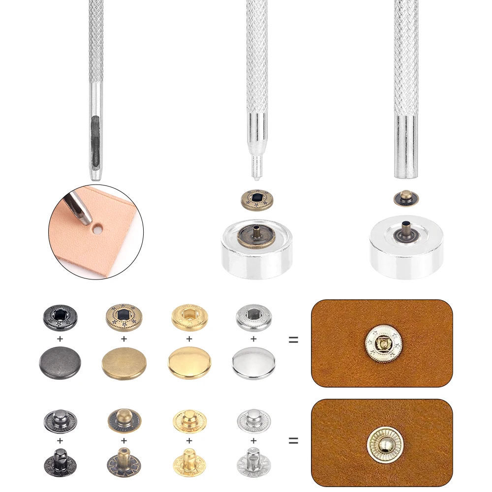 40 Set Leather Snap Fasteners Kit, 10mm Metal Button Snaps Press Studs with 4 Setter Tools for Clothes, Jeans, Bracelets, Bags