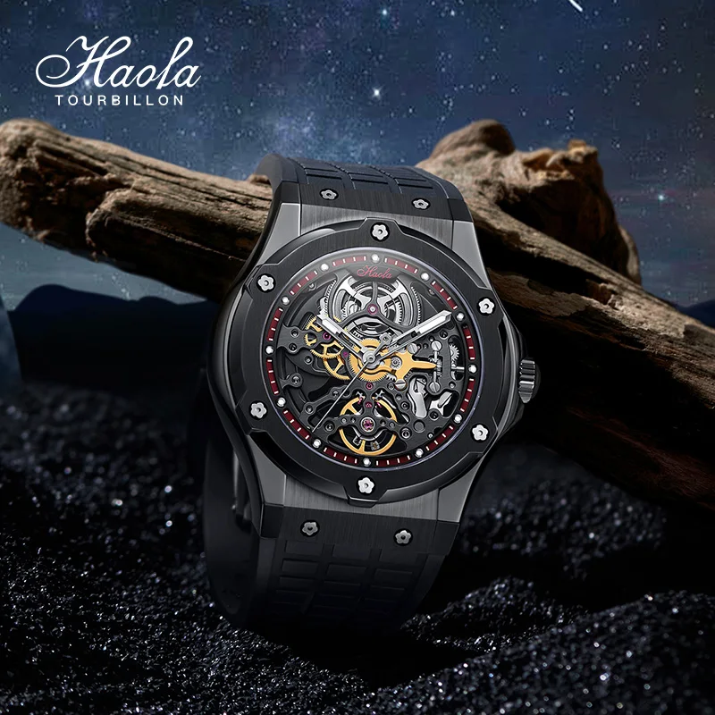Haofa 1913 Automatic Mechanical Fashion Man Men Watch Skeleton Automatic Sapphire Wrist Watches For Men Waterproof Luxury Black