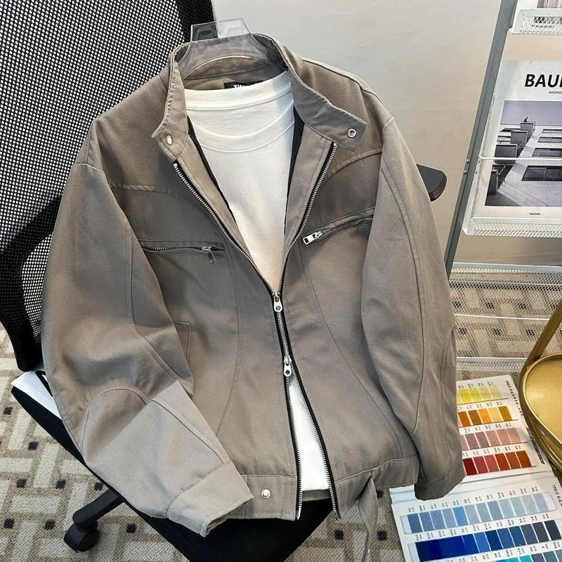 

Мужская куртка-карго цвета хаки с отложным воротником на молнии, повседневная, свободного кроя, рабочая одежда