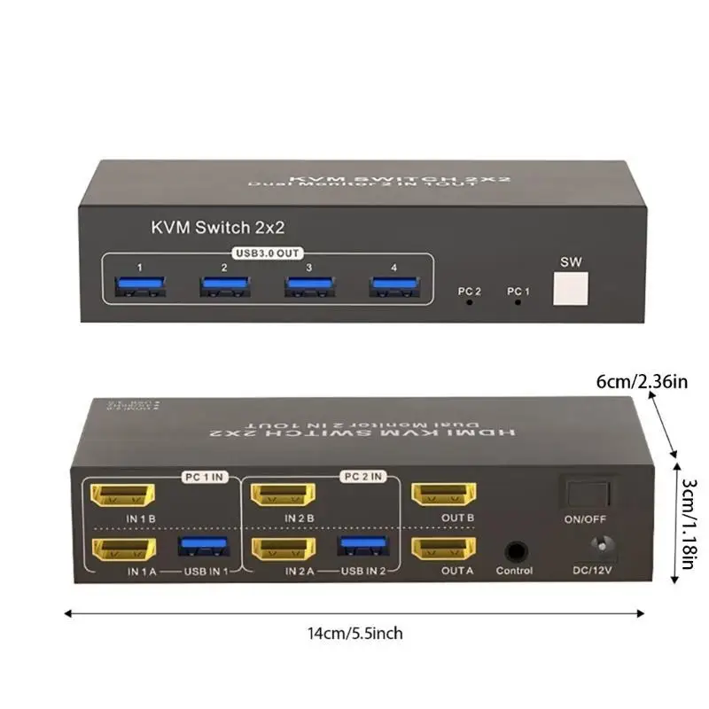 

652F Коммутатор HDTV с двойным монитором и 4 портами USB3.0 Металлический дизайн Компьютерный коммутатор для подключения