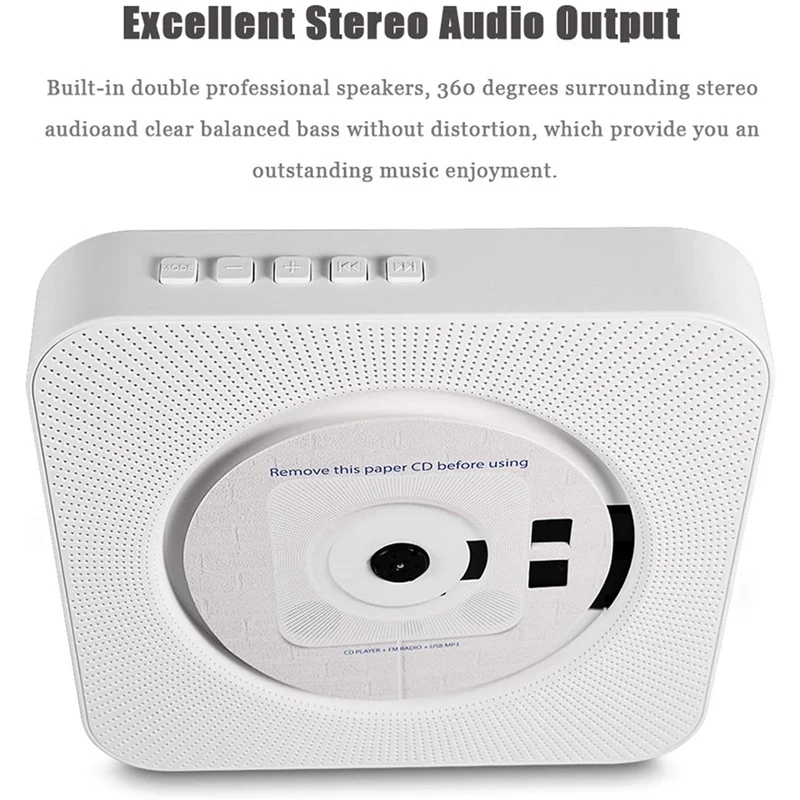 CD Player,With Bluetooth Wall Mountable Built-In Hifi Speakers Stereo CD MP3 Player With 3.5Mm Male Audio Cable EU Plug