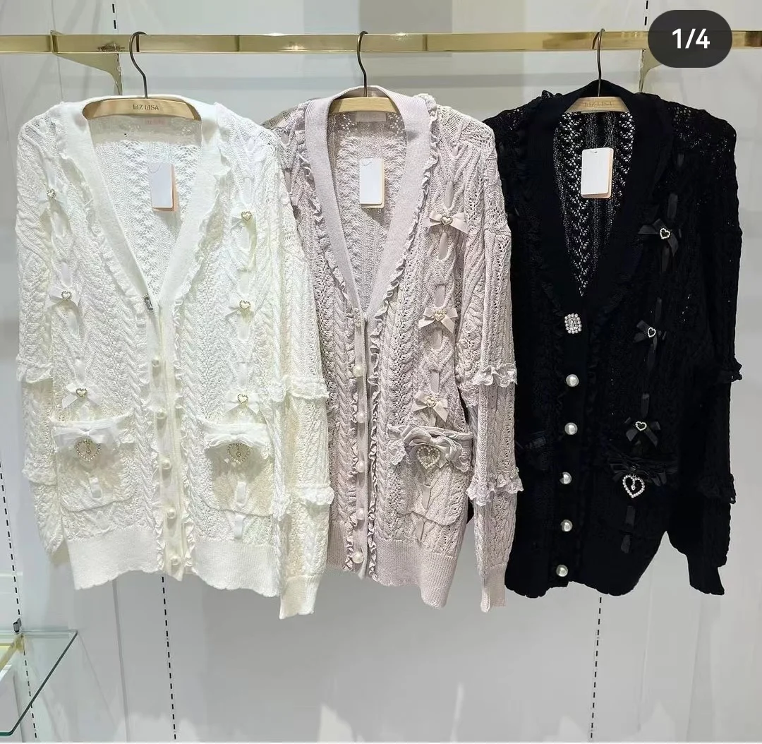 Japanese Ribbon Bow Hollow Out Oversized Knitted Cardigan Autumn Winter Women Lolita Pearl Drill Buckle Loose Sweater Coat