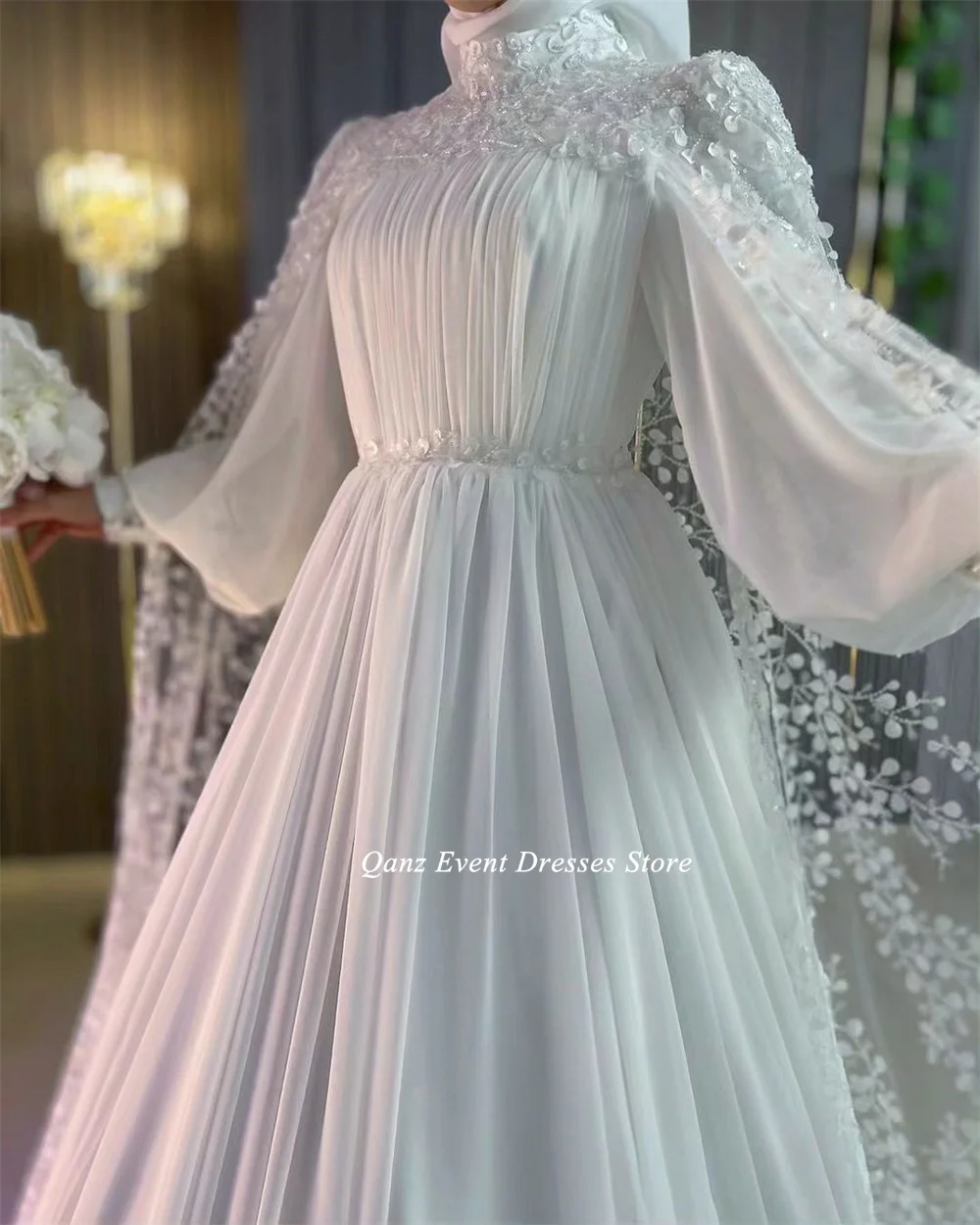 Qanz-Robe de Mariée Plissée en Mousseline de Soie à Col Haut, Tenue de Princesse, à Manches sulf, pour Patients, avec Cape en Dentelle, pour Mariage