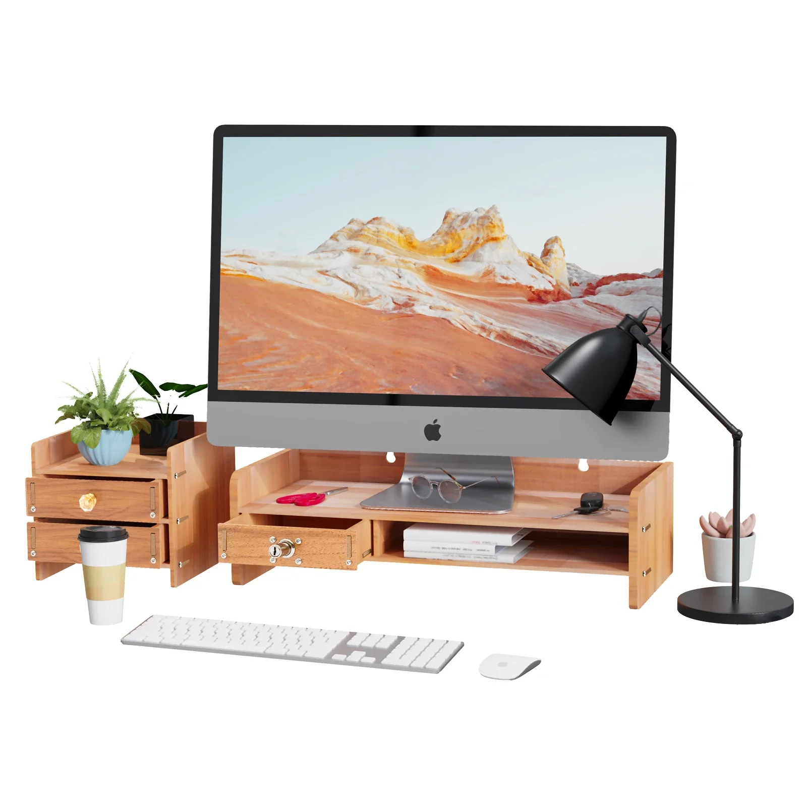 

Sturdy Bamboo Wood Monitor Stand Riser W/ Drawer - Desk Storage Organizer, Wooden Organizer with Cone,Computer Desktop