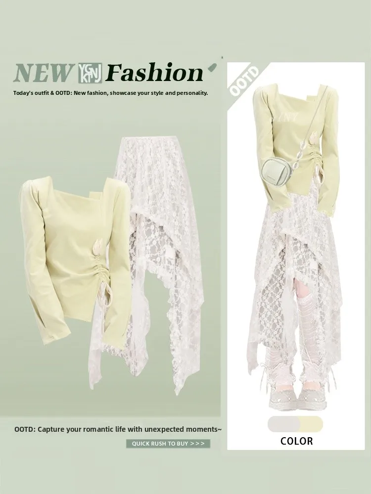 

Autumn 2026 Design Sense Drawstring Square Neck T-Shirt Lace Skirt Two Piece Set Sweet Anti-Aging Women's Fashion