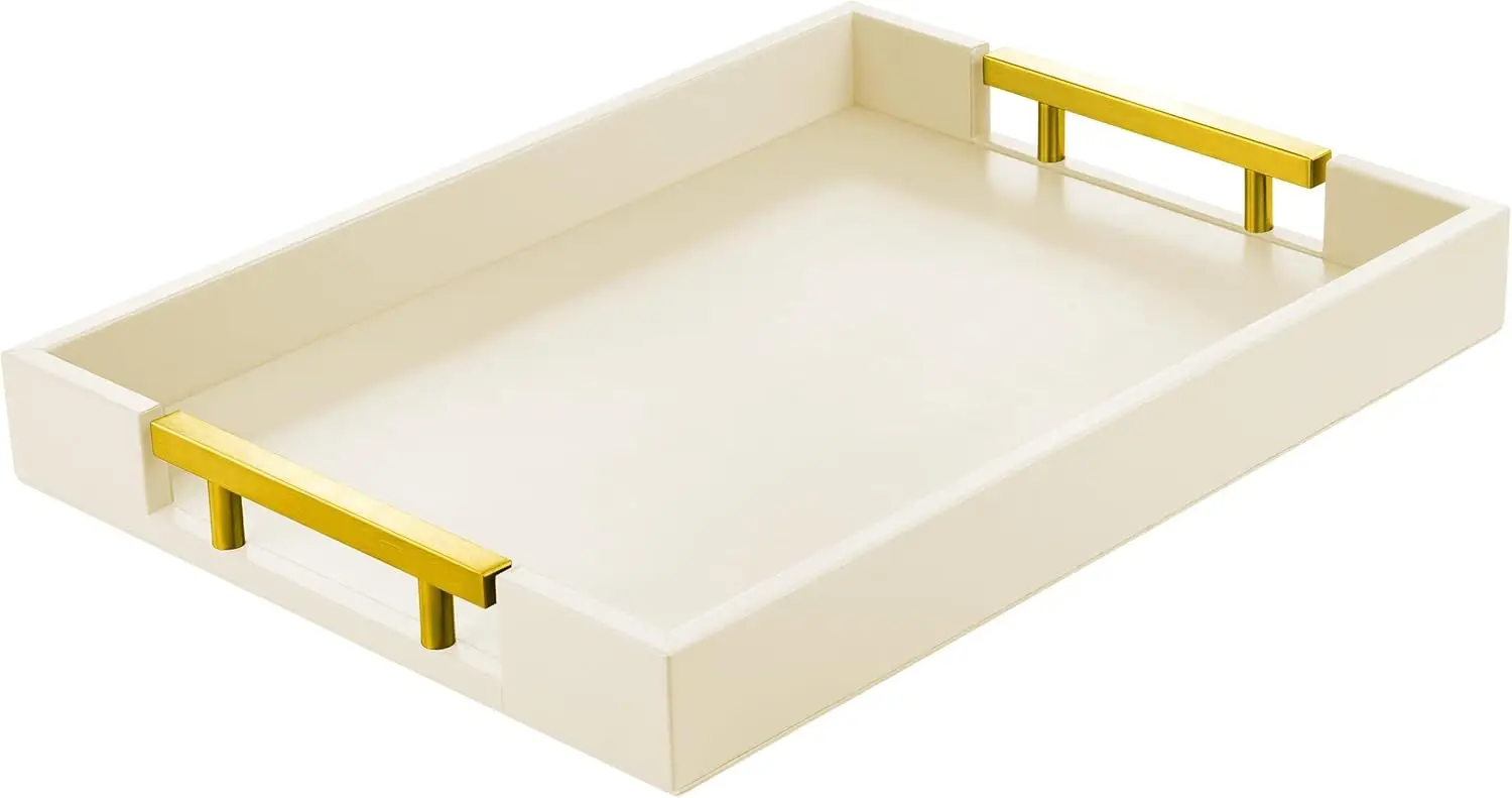 

Luxury Leather Serving Tray with Gold Handles, Ottoman Decor for Home Bathroom Vanity