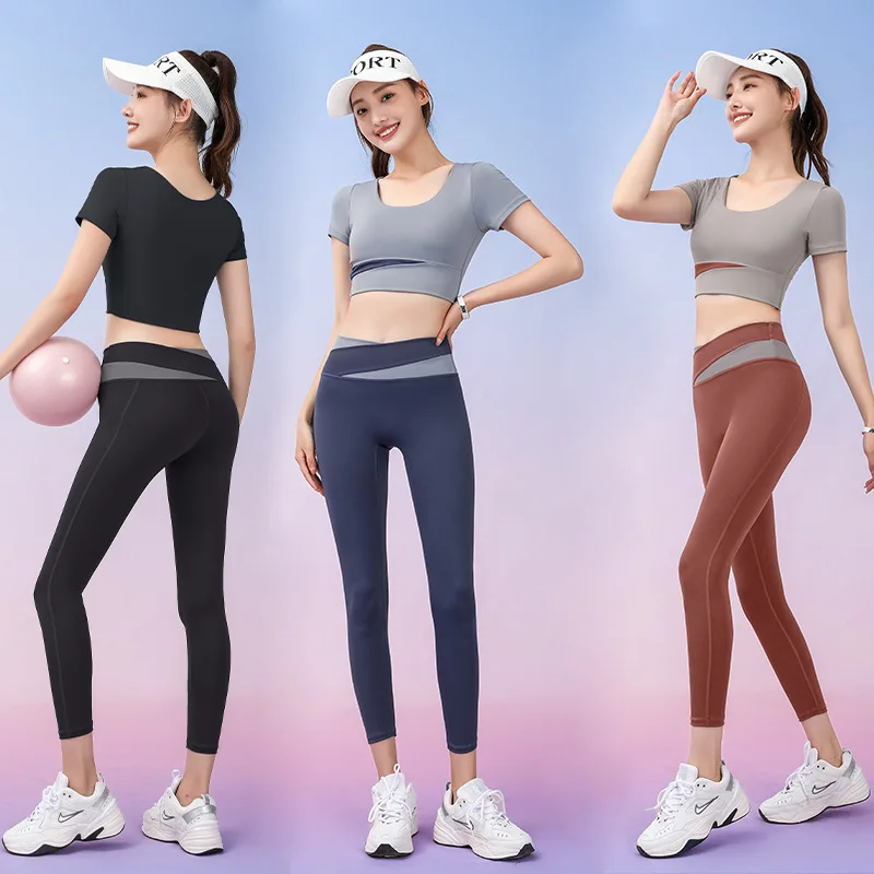 Two Piece Seamless Yoga Set Women Sportswear Suit Outfit Short Sleeve Gym Leggings With Bra Pants Sports Bra Shorts Fitness