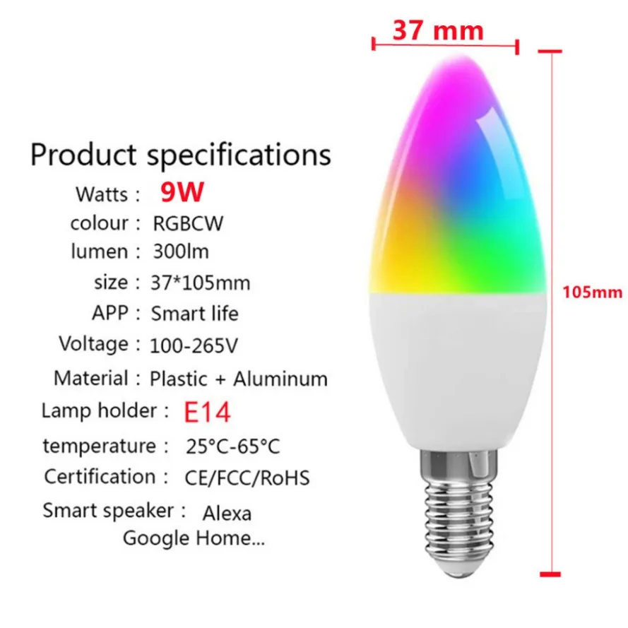 HHLZYH RGB LED 전구, 투야 와이파이 E14 캔들, AC 85-265V, 스마트 디밍 가능 램프, 알렉사 램프, 구글 홈, 얀덱스, 앨리스로 작동, 1 개