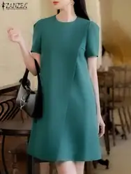 ZANZEA Women Korean Casual Dress 2024 Summer Puff Short Sleeve Robe Elegant Asymmetrical Party Dress Solid Office Loose Vestidos
