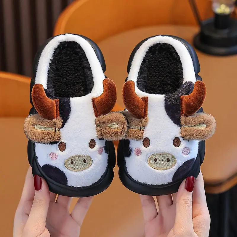 

2026 New Kids Cotton Cow Slippers Autumn Winter Indoor Non Slip Parent Child Design for Girls Warm Family Slippers​