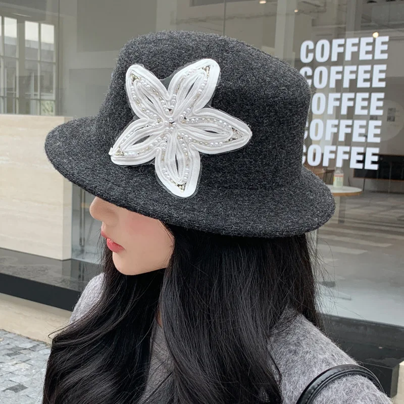 For Vintage-Accentuated Felt Hat for Women Including Beaded Floral Motif and Flexible Inner Drawstring Adjustment