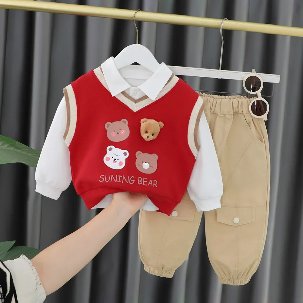Spring Autumn Baby 3months to 3yrs Cartoon Bear Knitted Sweater Shirts Vest Pants Set Long Sleeve 3pcs Boy Girl Newborn Child's