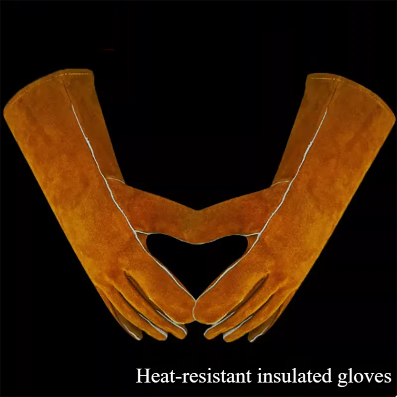 

Laboratory 14-inch high temperature resistant gloves heat insulation two-layer cowhide long brown