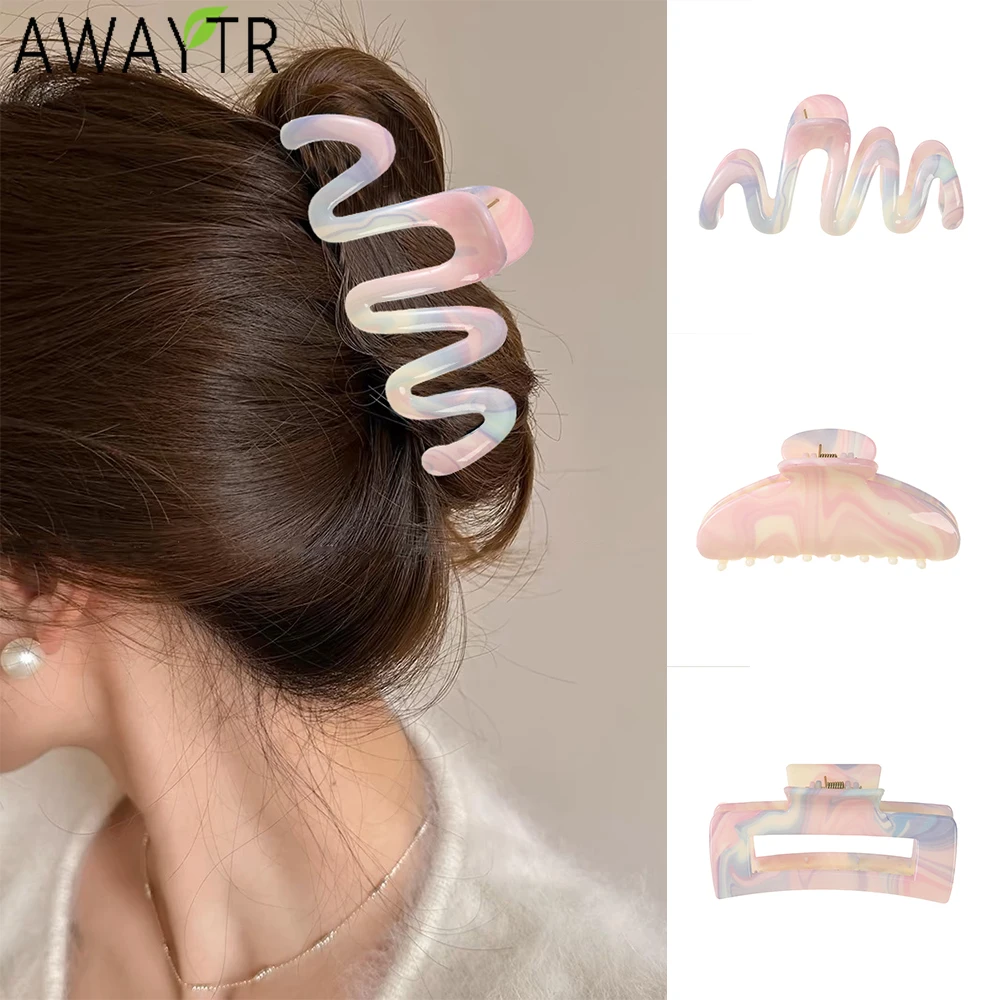 AWAYTR Pink Printed Ripple Hair Claws Fashion Arcylic Hair Clips Crab For Girl Gift Hair Accessories Festival Headwear