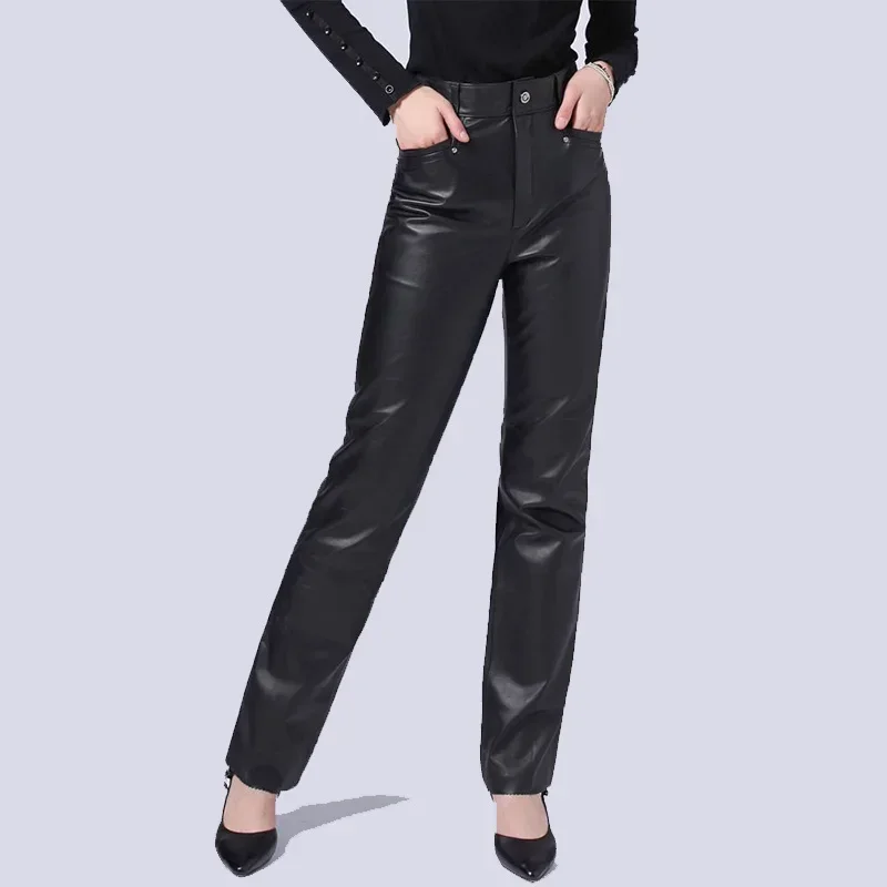 Black Matte Leather Pencil Pants Women High Waist Stretch PU Slim Trousers Ladies Casual Straight Leg Pants Custom Clubweat New