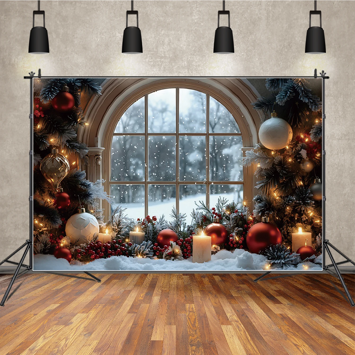 

MOON.QG Christmas Home Decoration Photography Backdrop Portrait Baubles Candle Arch Window Background Decoration Photo Studio