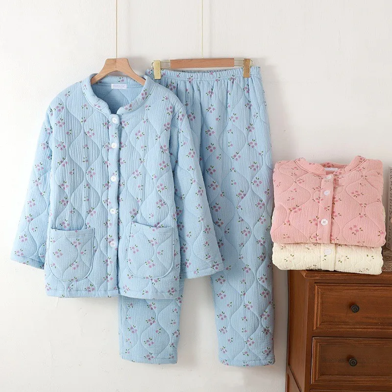 Autumn Winter Women Cute Pajama Sets Female Cotton Velvet Sleepwear Suit Women Thicken Shirt & Pants Warm Home Clothes