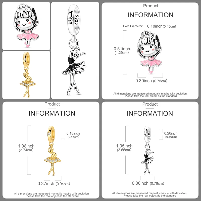 3-teiliges Ballett-Charm-Set aus 925er Sterlingsilber, Ballerina-Tanzschuhe, rosa Perlen, DIY-Armband, Halskette, Geschenk für Frauen und Mädchen – Detail 7