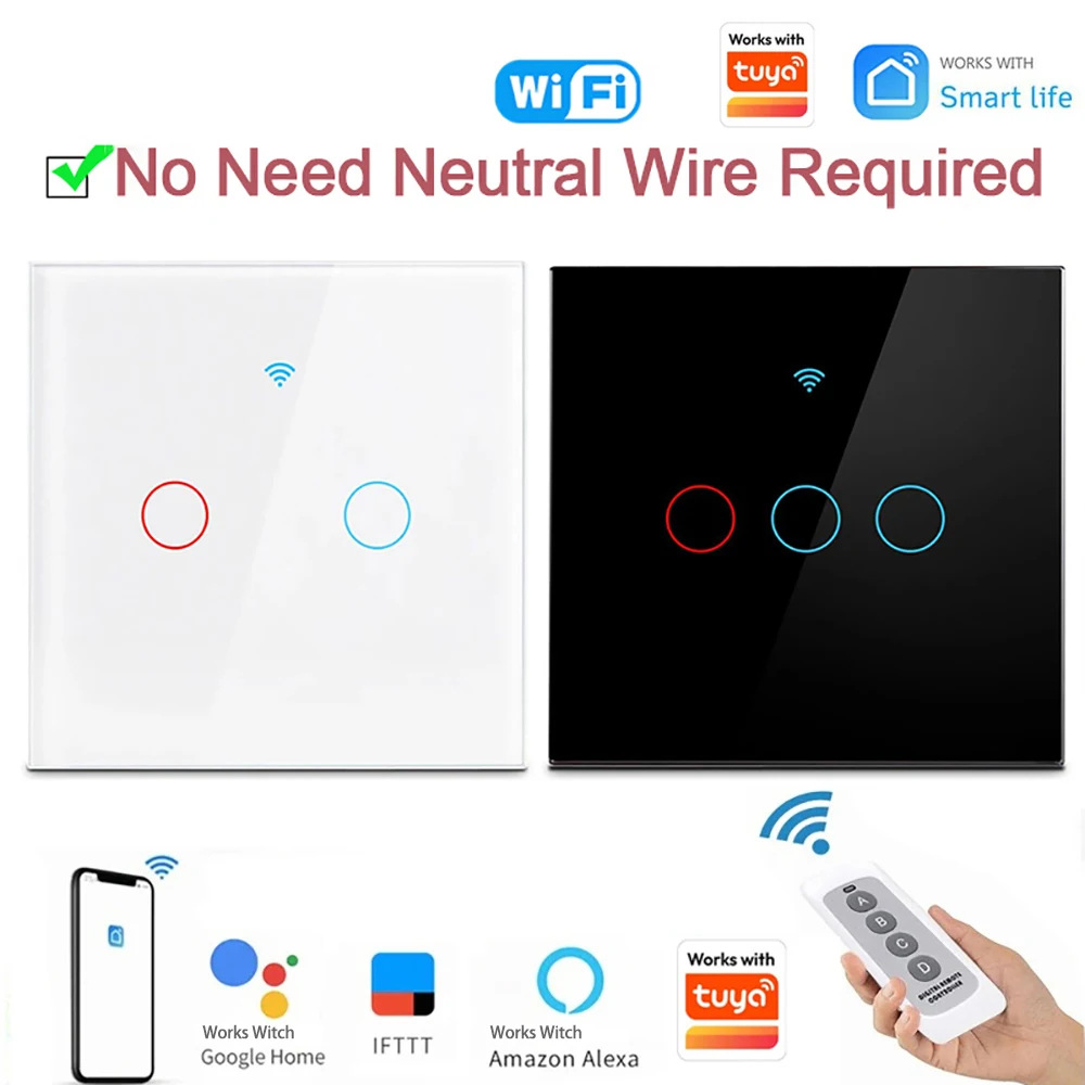 Wifi Smart Light Switch EU 1/2/3Gang Touch Light Switch No Neutral Wire Wall Light Switches Works with Tuya App Alexa Google