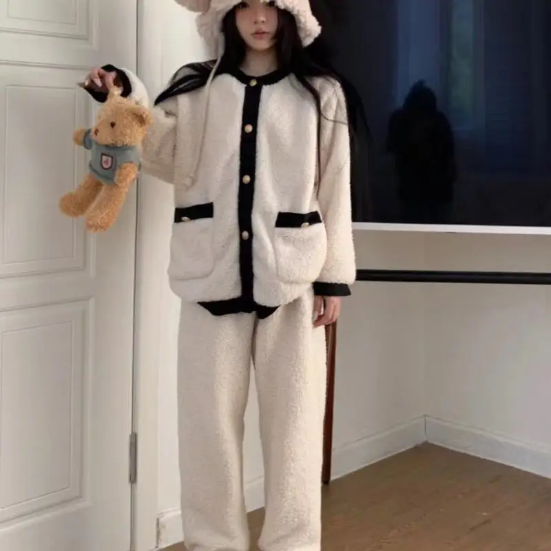 

Girl's Thickened Coral Fleece Homewear Pajama Warm Suit Sleepcoat Nightgown Women's Long Sleeve Pants Outerwear Autumn Winter