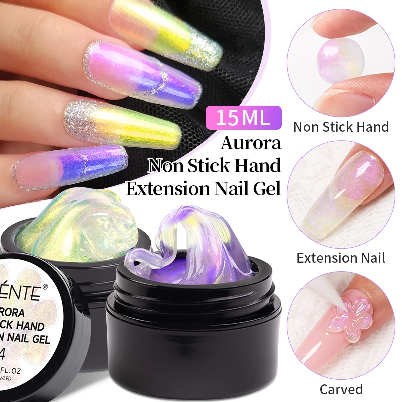 15ml Aurora Non Stick Hand Extension Nail Gel Polish Aurora Glitter Effect 3D Carving Manicure Semi-Permanant Nail Art Varnish