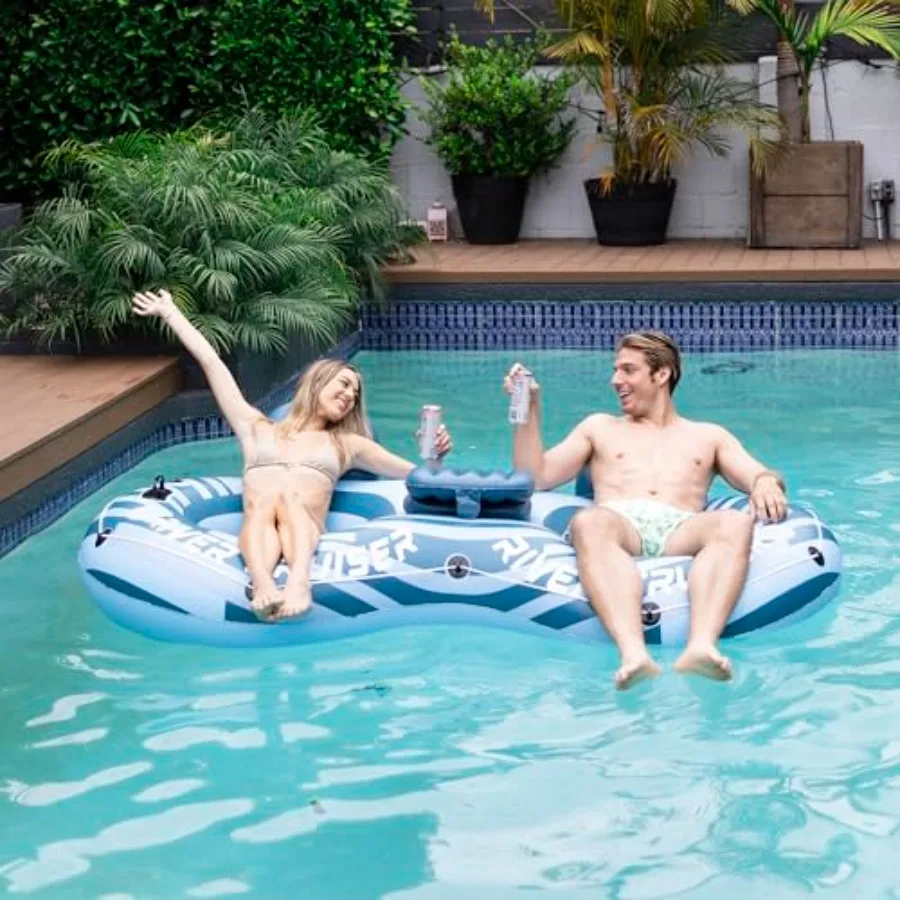 River tubes for floating: heavy duty inflatable loungers in blue featuring premium PVC material cup holder and lake/pool use fo