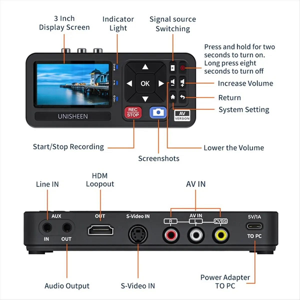 DIGITALBUY UR230A StandAlone Endoscop Analog CVBS SVideo MP3 Video Recoder Camera USB Capture Card Box US Plug
