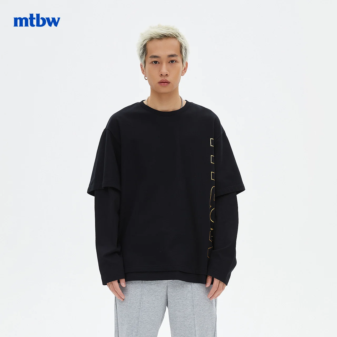 

Metersbonwe-Men's Fake Two Styles Sleeves Inside Long Outside Short Pullover Printing Loose Pullover High Street Casual Spring