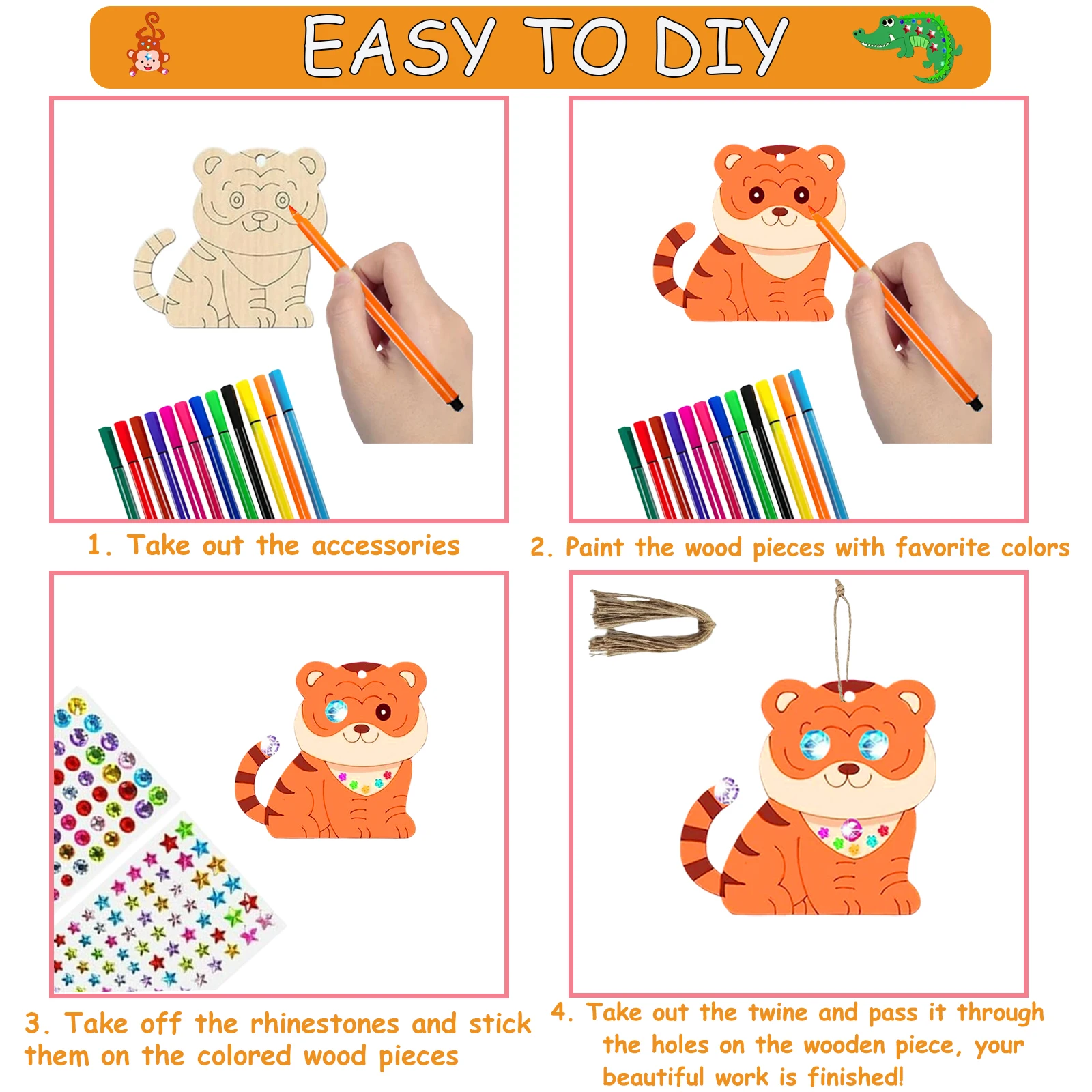 270PCS Zestaw drewnianych rękodzieła dla zwierząt, rękodzieło urodzinowe, drewniane wisiorki do malowania, zestaw rzemieślniczy