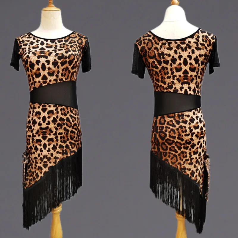 

leopard print Latin dance dress adult women's performance costume diagonal shoulder tassel short sleeved line dance suit