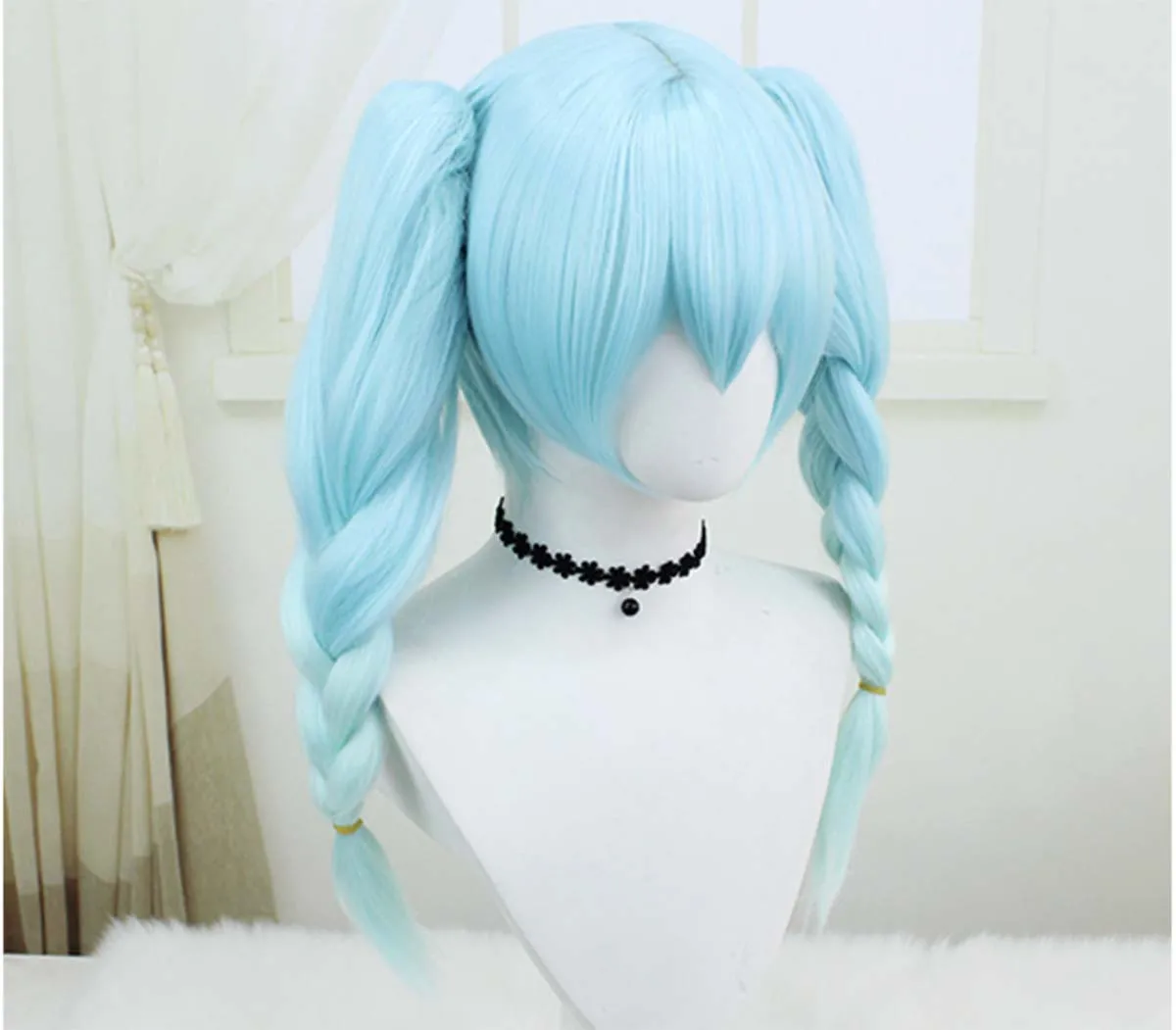 Women Bunny Cosplay Long Braided Ponytails Cyan Gradient Heat Resistant Synthetic Hair Wig