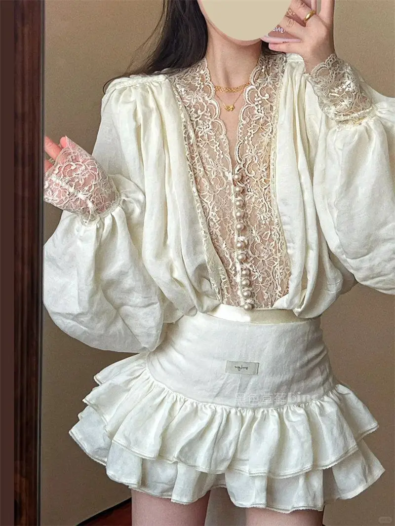 

Lace Patchwork Long Sleeved Shirt Camisas De Mujer Рубашка Grunge Shirts & Blouses Tunic Blusas Chemise Femme New