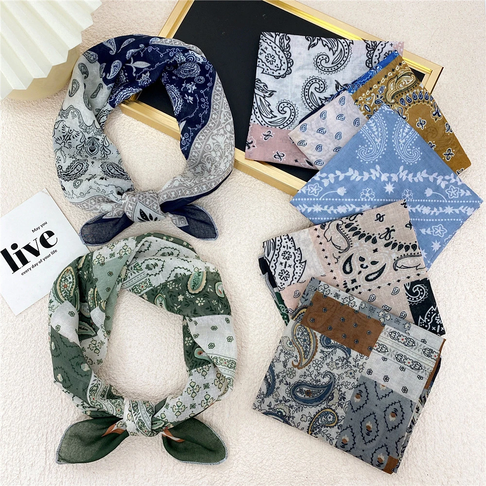 

New Retro Printed Square Scarf Soft Cotton Linen Floral Pattern Turban Scarves Women Head Neck Kerchief Turban Neckerchief