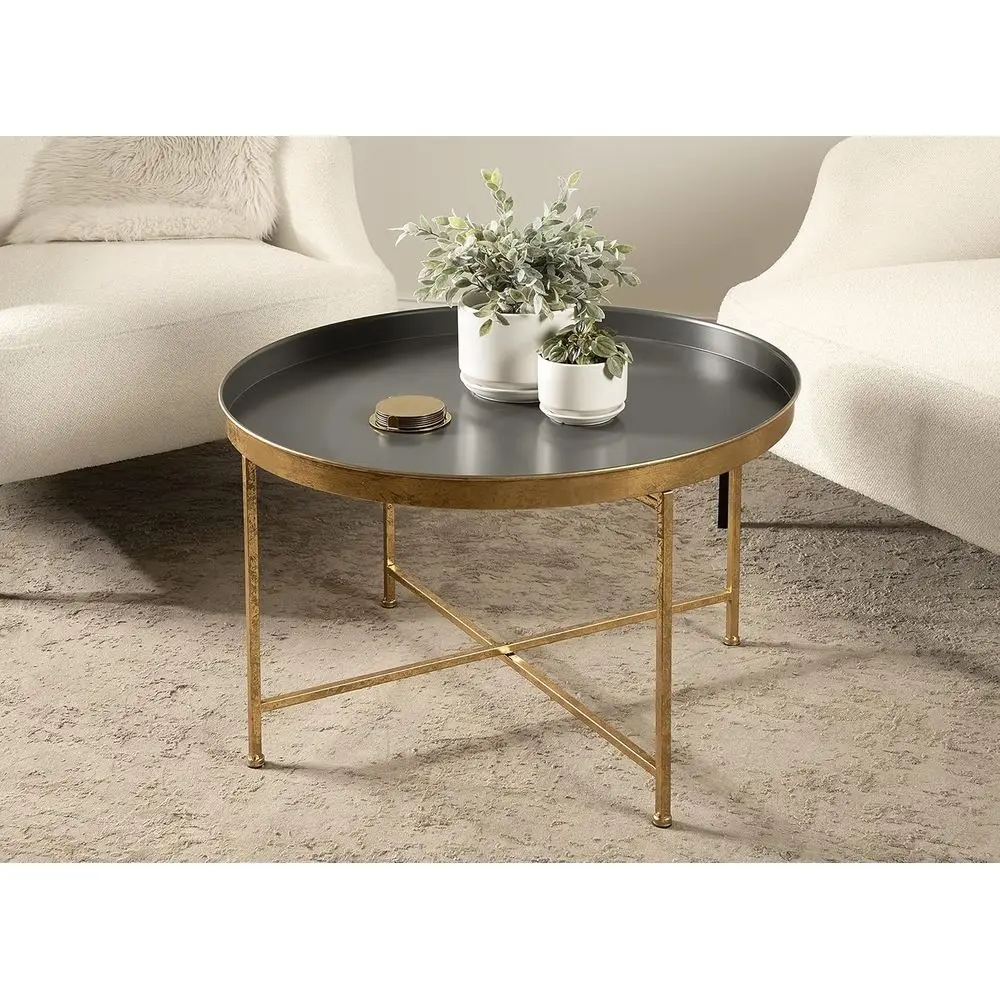 طاولة قهوة براقة قابلة للطي باللون الرمادي والذهبي، مقاس 28 × 28 × 19، مع ميزات تخزين وعرض