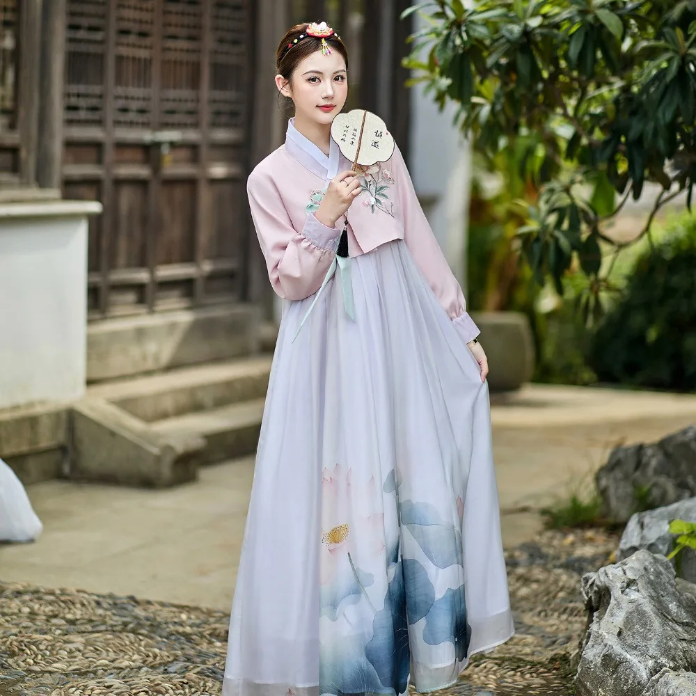 Women's Korean Clothing Hanbok Dress Embroidery Tops Parting Long Skirt Dance Performance Costume