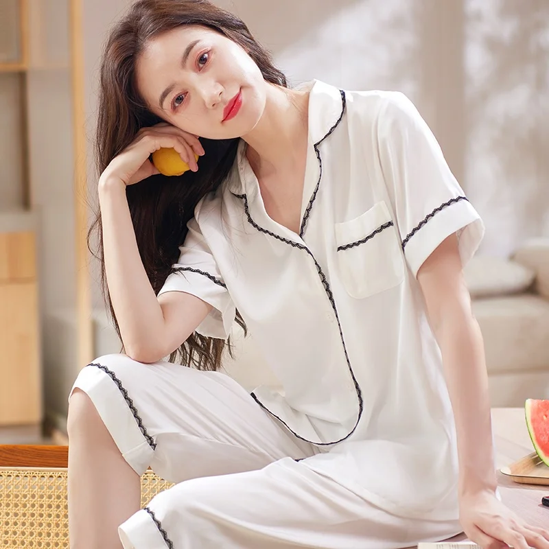 

Fashion Lace White Home Clothing Young Girls Silk Satin Pajamas Sets Femme Short Sleeve Pyjama Loungewear Homewear Pijamas Mujer