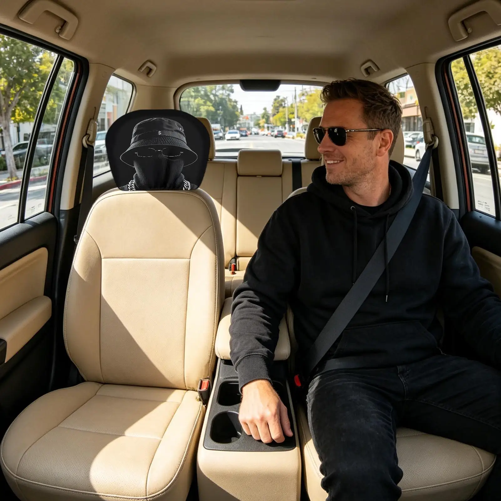 Car Headrest Cover Double-Sided Funny Protector Masked Man In Black Headrest Covers For Automotive Truck RV SUV Vehicle Family