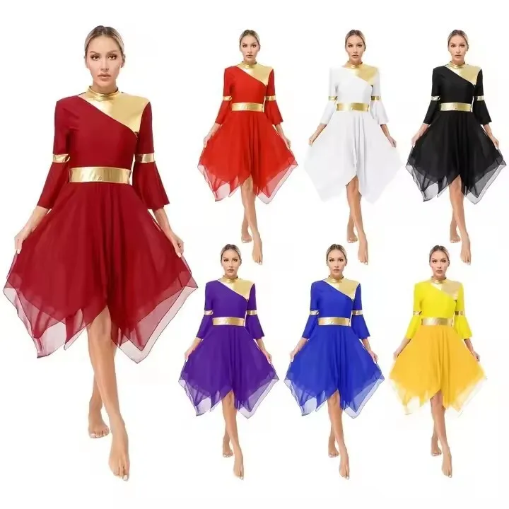 叙情的なダンス衣装白長袖賛美ダンスドレス典礼チュニック教会礼拝聖歌隊パフォーマンス服女性のための