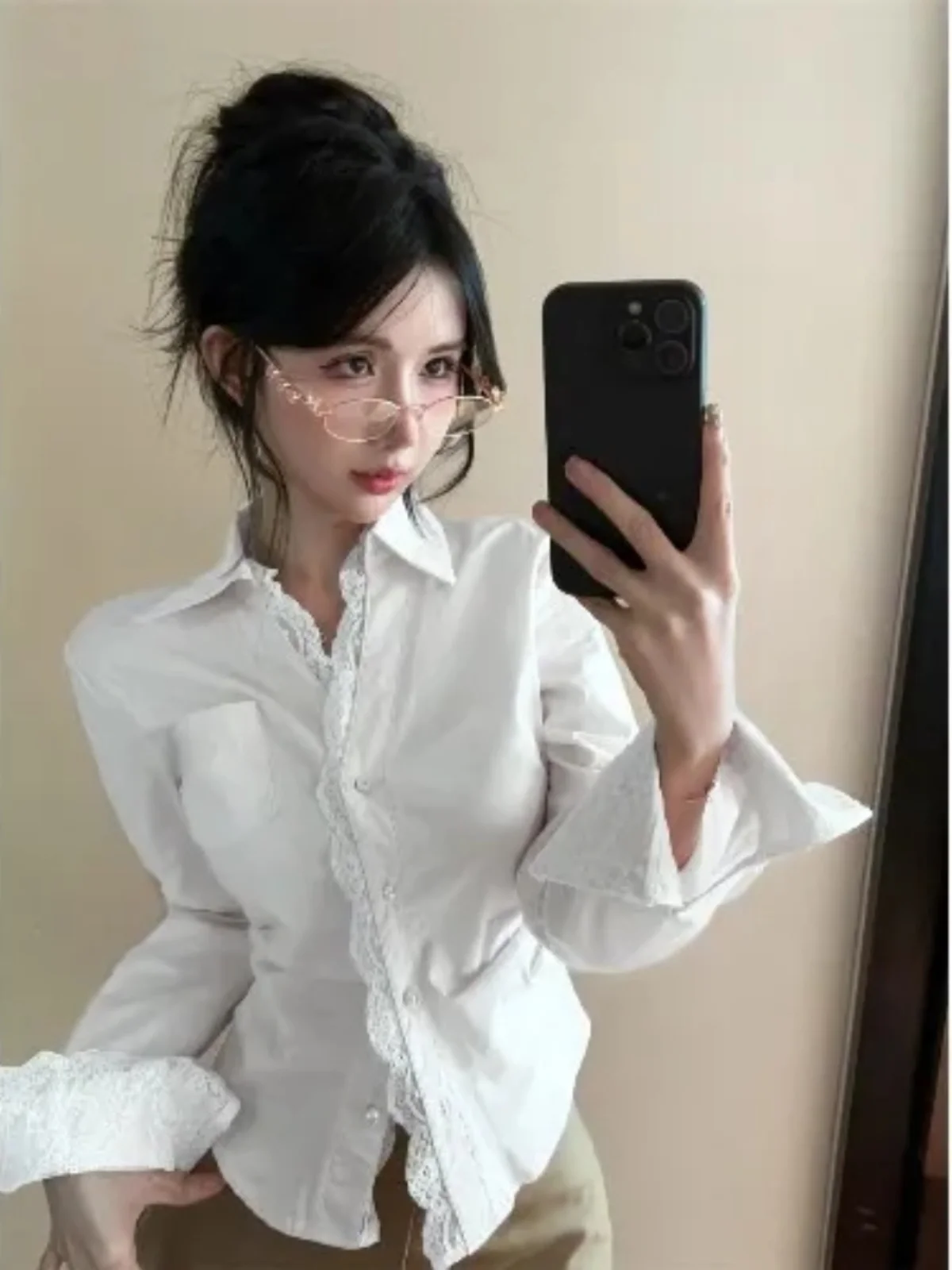 

Ele Hollow out Lace Trim Ne irt Women Slimming Long Sve Autumn High End Feeling Busin Casual Sle Top