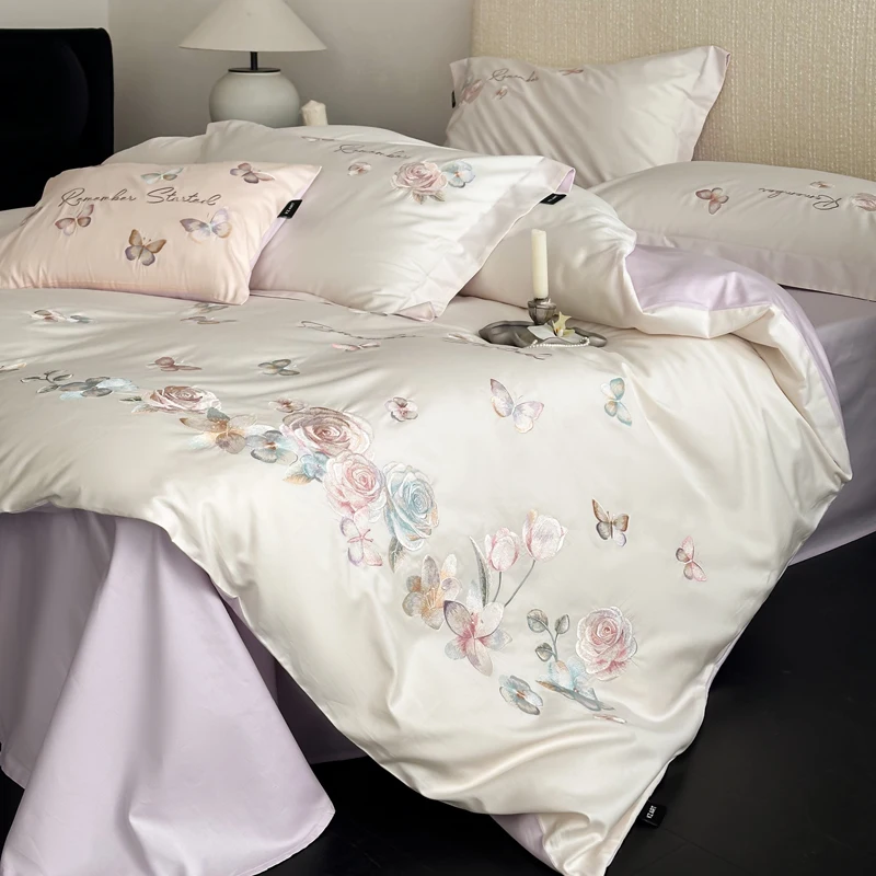 White Butterfly Flower Embroidery 600TC Long Staple Cotton Luxury Bedding Set Duvet Cover Set Flat/Fitted Bed Sheet Pillowcases