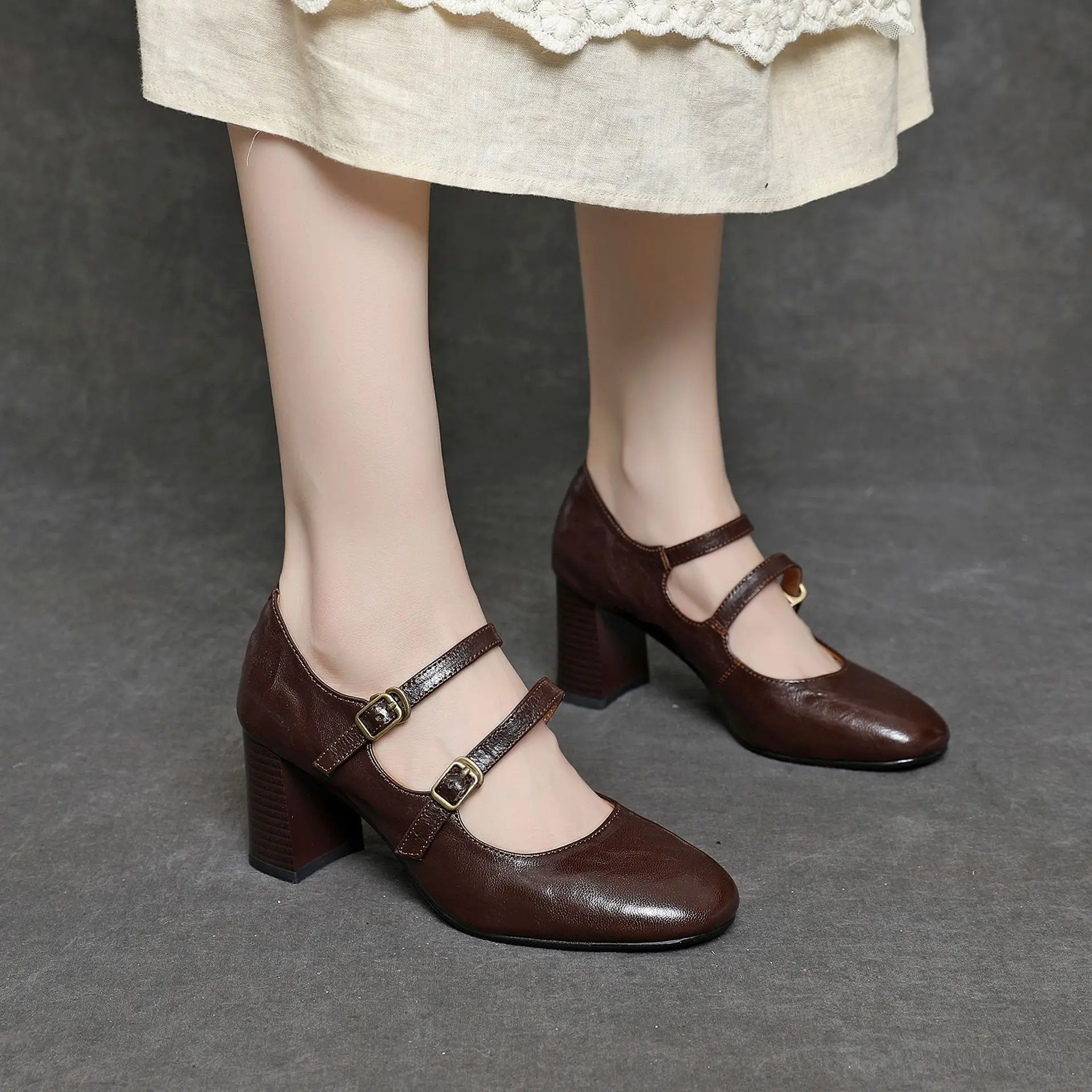 Koznoy 5.5cm Cow mocassini in vera pelle décolleté Slip on Shoes Buckle Fashion Office Summer Spring Chunky Heels Office Women