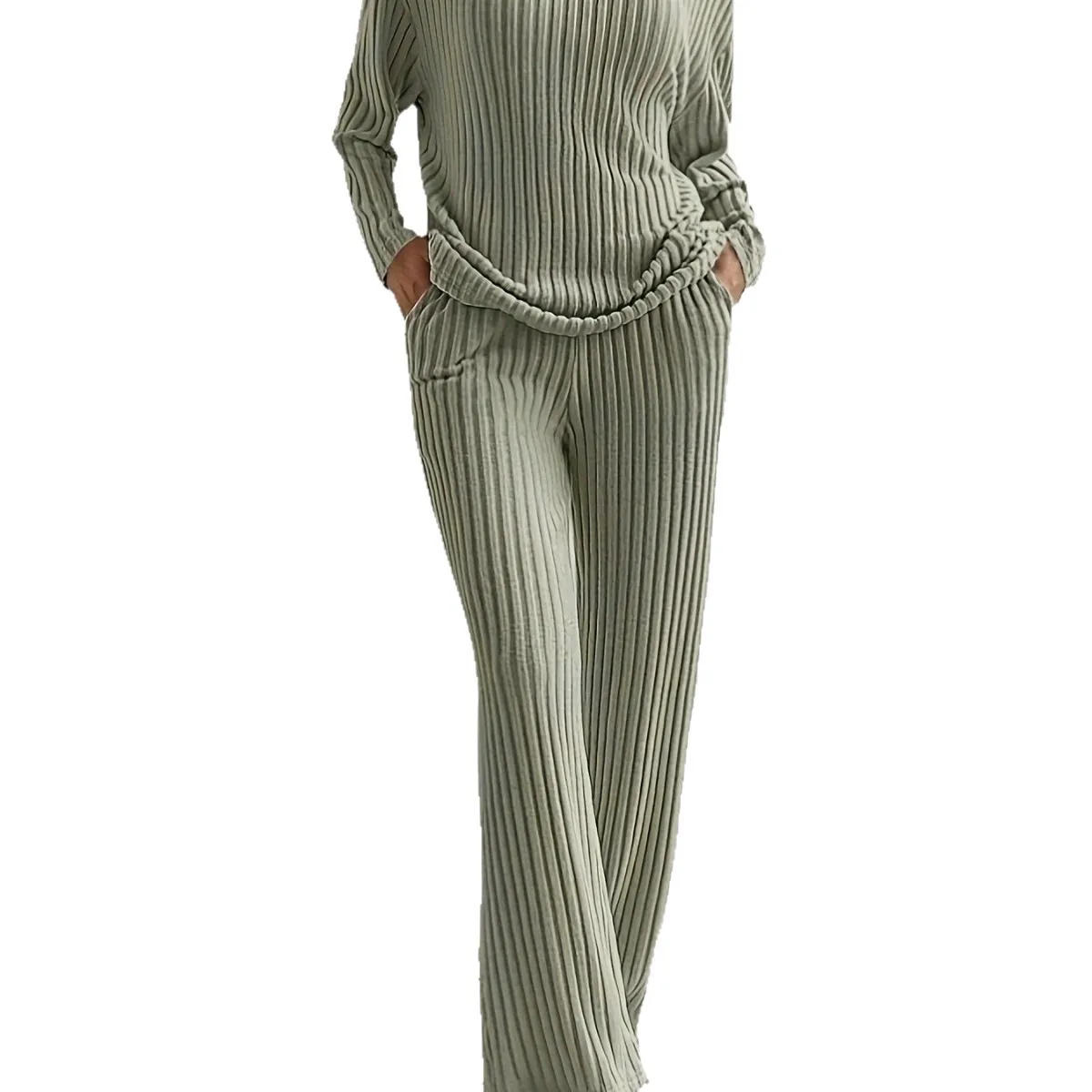 

Luxurious Loungewear, Comfortable Home Knitted Pajama Set, Soft Ribbed Neck Sleepwear, Wide-Leg Straight Pants Lounge Set