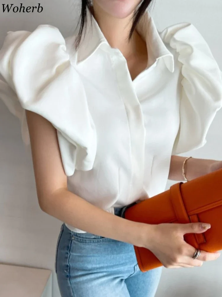 Woherb Vintage Puff Sleeve Elegant Shirt White Black All Match Blouse Turn Down Collar Office Ladies Blusa Female Casual Tops