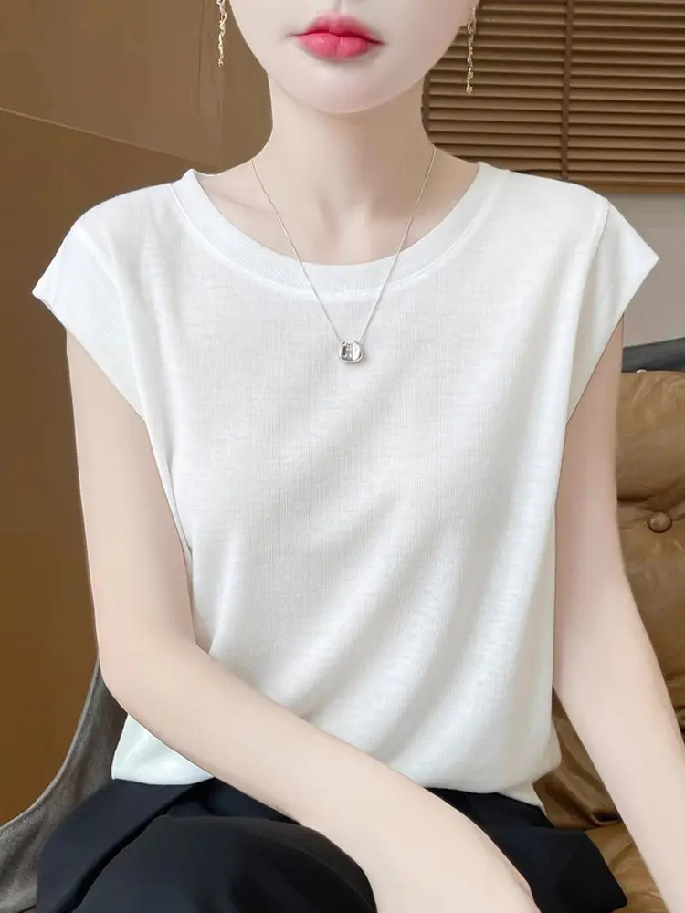 

Тонкий корейский топ из лиоцелла с круглым вырезом и коротким рукавом для похудения, универсальный базовый слой для ранней осени, топ с коротким рукавом.