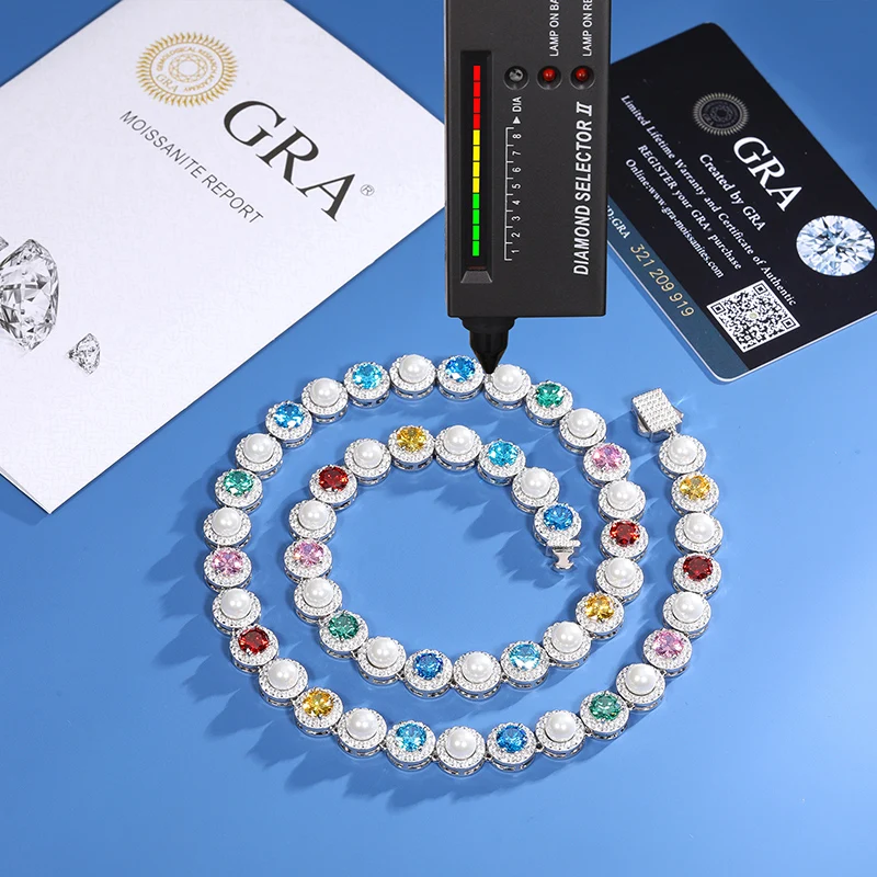 New Arrivals Pearl Moissanite Round Bead Necklace Chain For Women Men Colorful CZ Bracelet Unisex Trendy Party GRA Jelwery Gifts