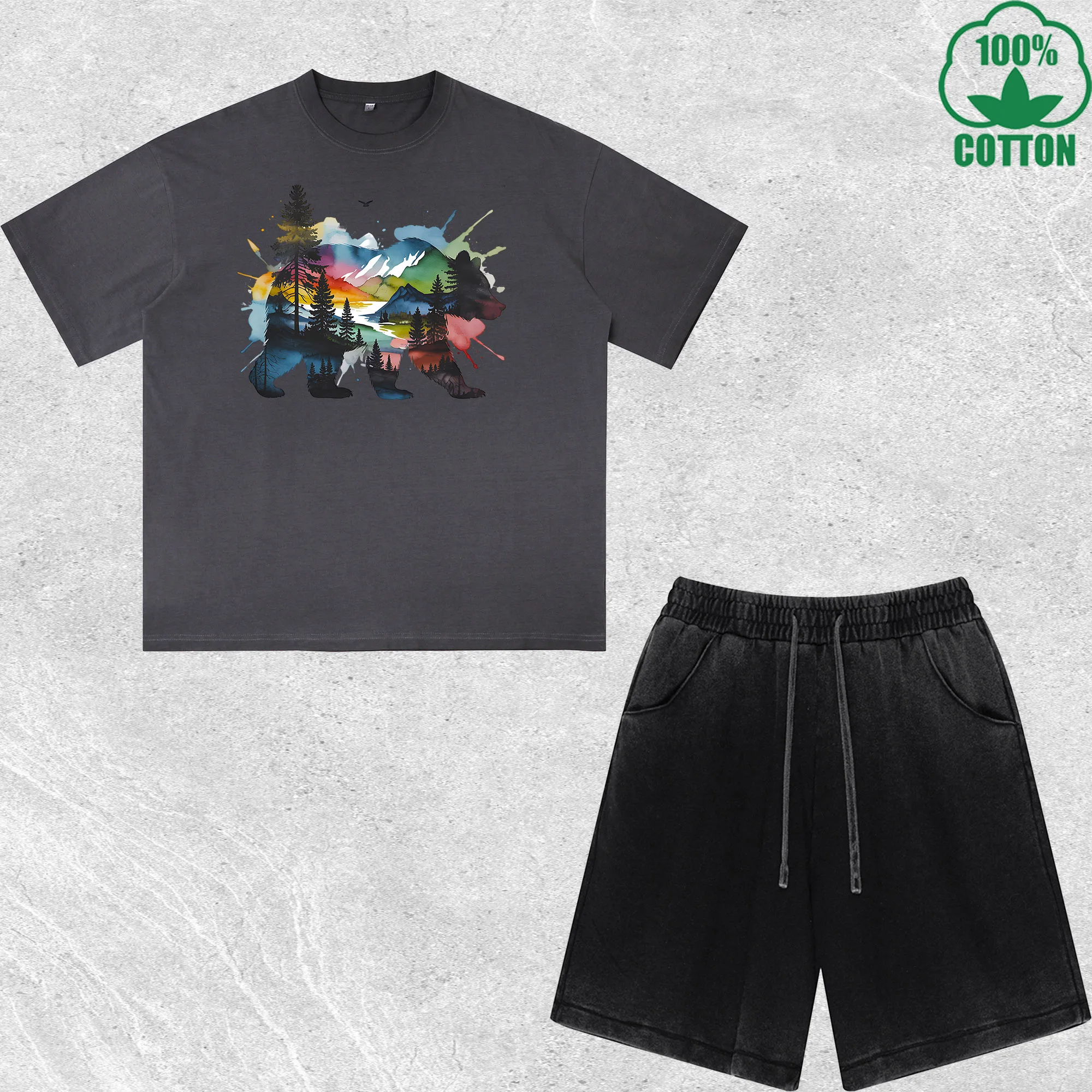

Colorful Brown Bear Printed Dirty Wash T-Shirt Shorts Set Multicolor Combo Loose Trendy Fashionable 100%Cotton