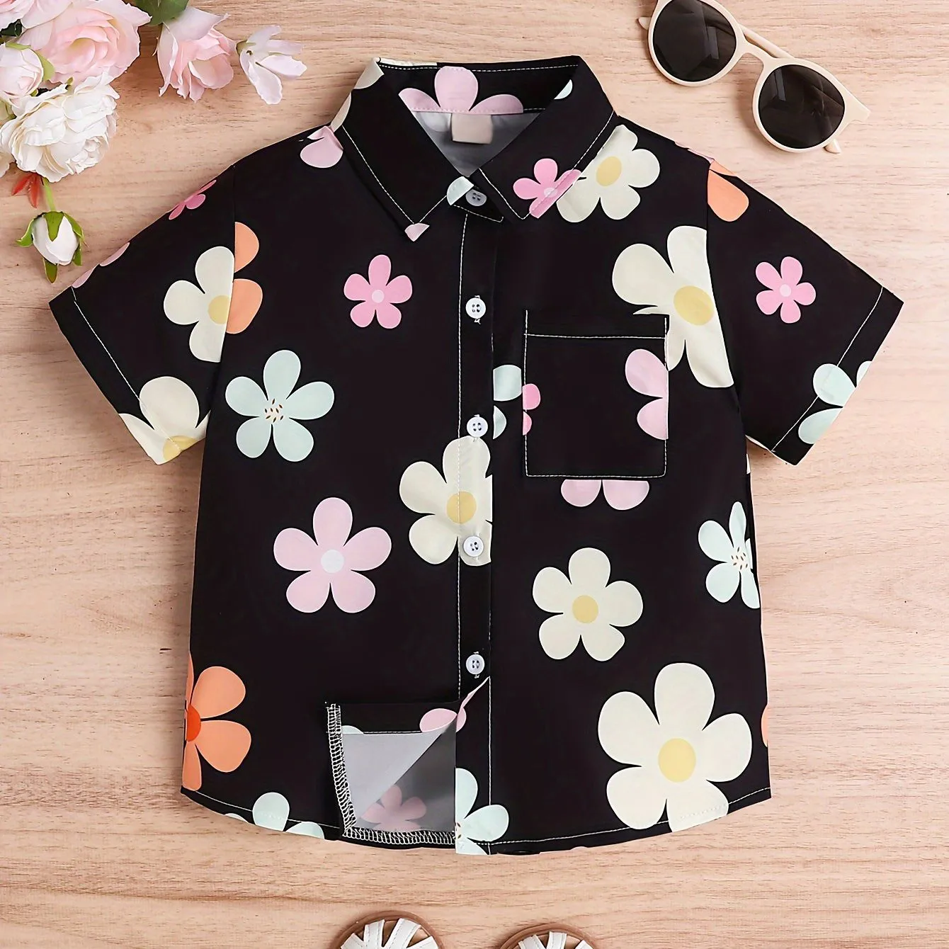 Girls Cute Sweet Strawberry Print Hawaiian Style ﻿Short Sleeve Shirt Lightweight Summer Vacation Top Fashionable Collar