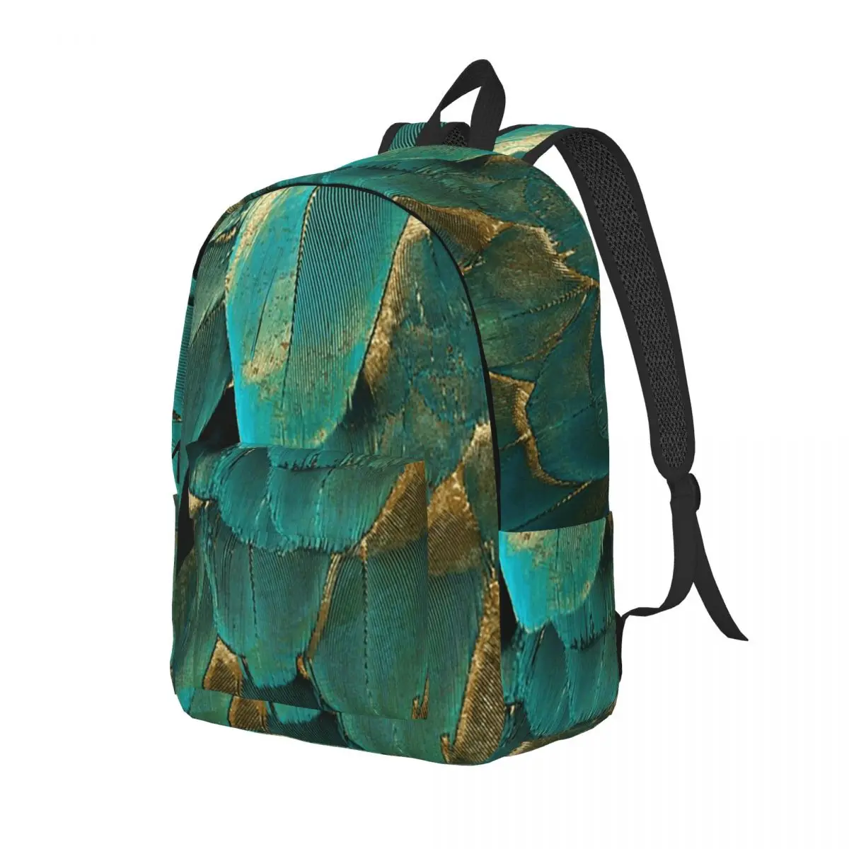 Feather Glitter Teal And Gold Backpack Daypack Large Capacity Children BookBag School Bag Shoulder Bags for Boys Girls